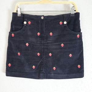 TIBI Strawberry Embroidered Black Corduroy Mid Rise Mini Skirt Size 6